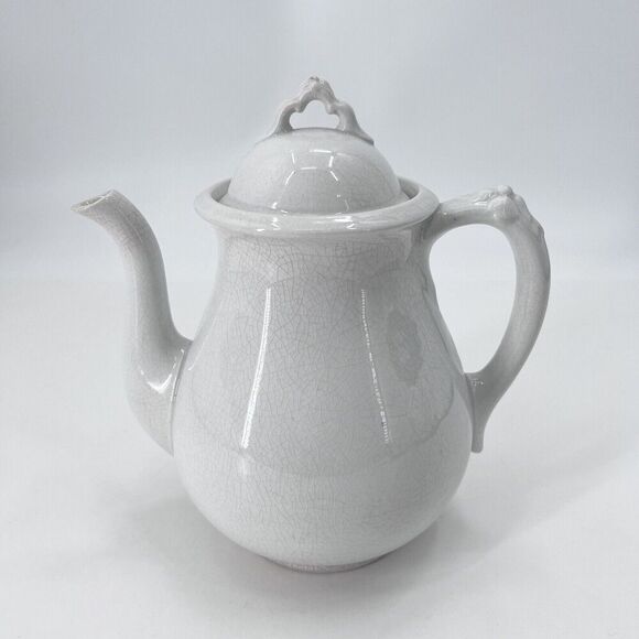 Antique White Ironstone China Teapot with Crazing Farmhouse Decor - Picture 2 of 13